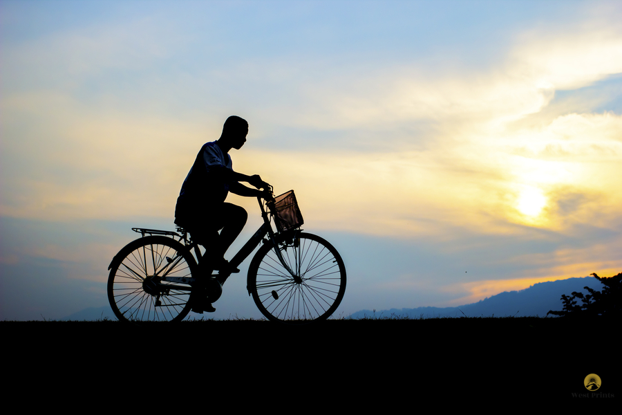 Children enjoy ride bicycle during sunset  Print