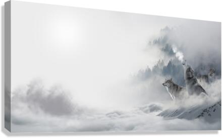 Wolves Howling in Morning Fog  Canvas Print