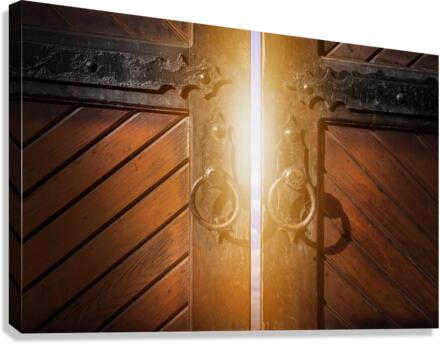 Magic light through open wooden door  Impression sur toile